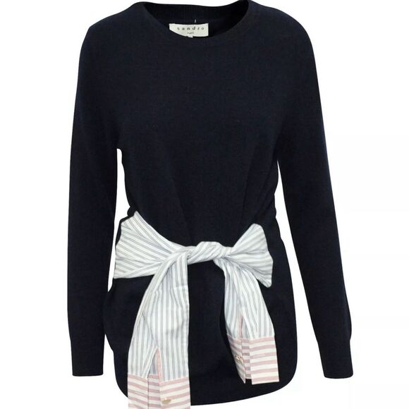 Sandro Suzanne Cashmere Wool Blend Waist Tie Navy Sweater - Picture 5 of 9